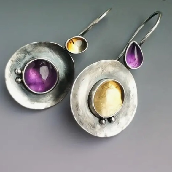 Jewelry - Earrings Dangle NIP  Unique purple and yellow stone silver tone. 2” x .80”